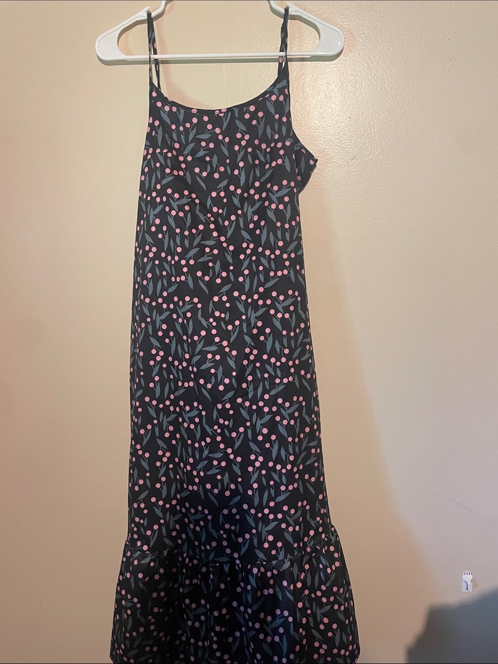 Black Slip Dress with Pink Dot & Leaf Print